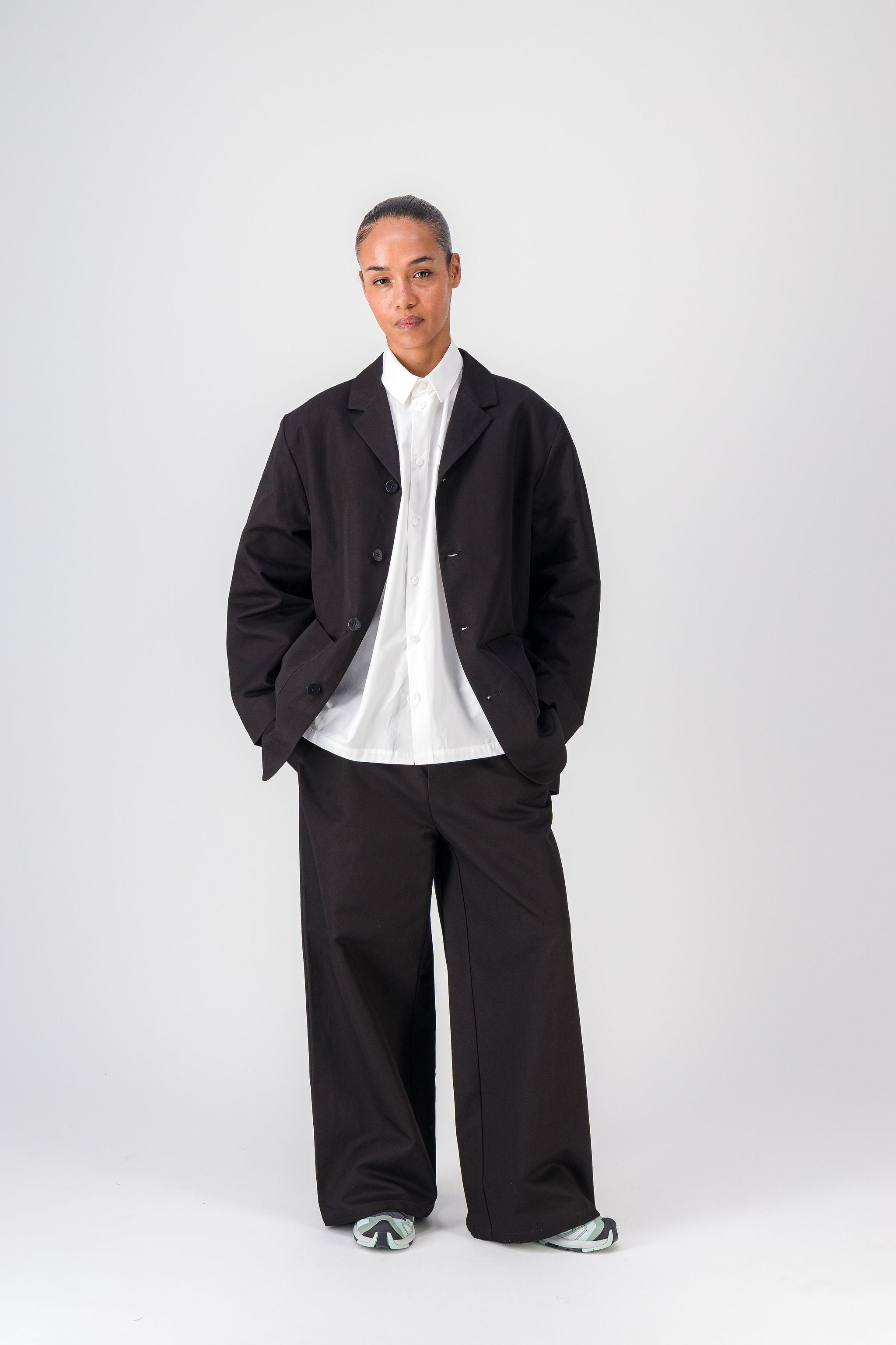 Wide Black Cotton Gabardine Pants
